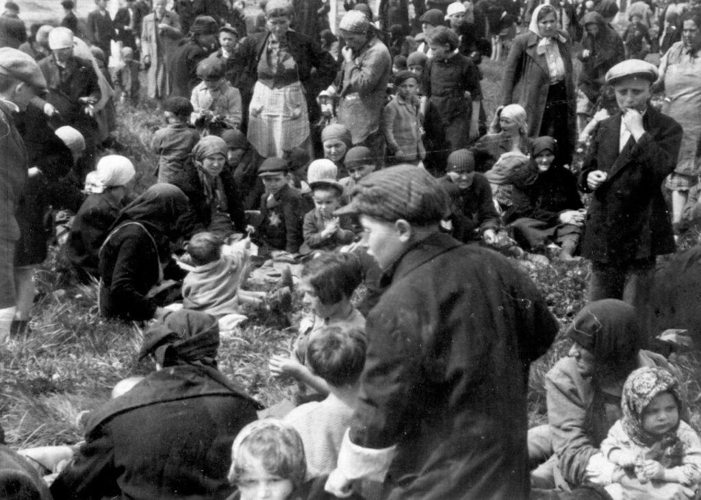 Hungarian Jews waiting in the woods near the gas chambers at Auschwitz II-Birkenau. They have no idea that they are about to be gassed. Collection: Yad Vashem
